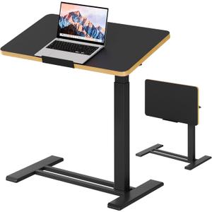 SANODESK Medical Adjustable Overbed Bedside Table with Casters 90 Tilt Top Pneumatic Mobile Rolling Laptop Computer Standing Desk Cart with Tray, Hospital and Home Use(27.6" W x 15.7" D, Black) (Small)