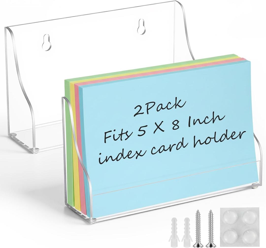 Dunzoom 2 Pack 5x8 Index Card Holder, 2-in-1 Desk & Wall Mounted Acrylic Index Card Display Stand, Includes Screws & Anchors, Clear Flash Notecard Organizer for Classroom, Office & Study