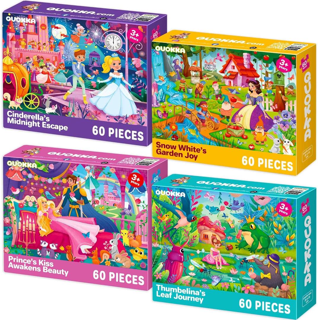 QUOKKA Puzzles for Kids Ages 4-6 4-Pack 60-Piece Puzzles for Kids Fairy Tale Jigsaw Puzzle Set Toddler Puzzle Ages 4-6 Educational Learning Toys FSC Certified Gift for 5 Year Old