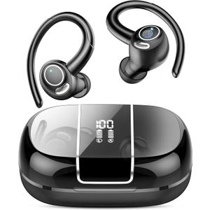 Wireless Earbuds Bluetooth 5.3 Headphones Sports, 48Hrs Playback Over Ear Buds with CVC8.0 Mic, Bass Stereo Bluetooth Earbuds with Earhooks, LED Display, IP7 Waterproof Earphones for Workout/Running (Black)