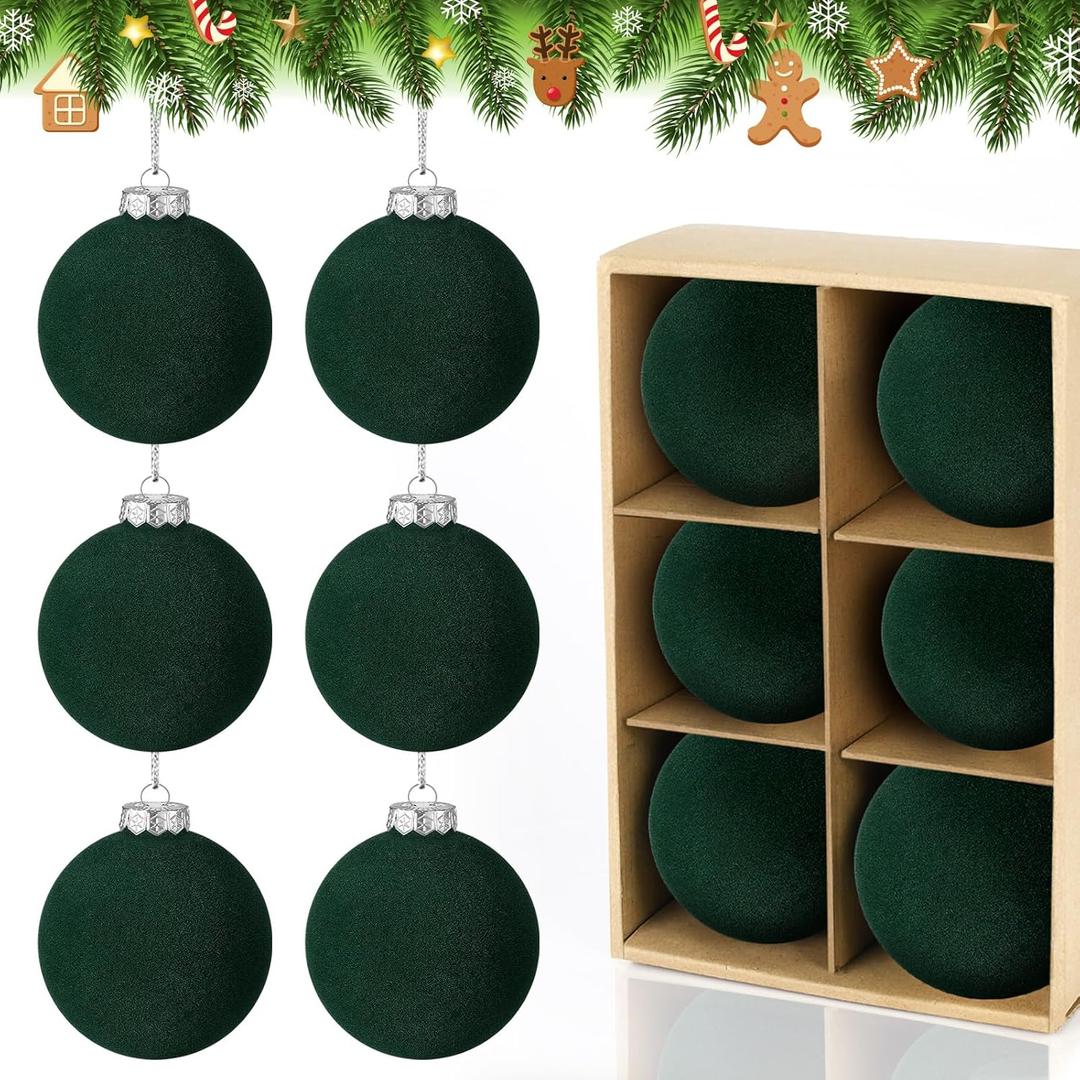 6 PCS Green Velvet Christmas Balls Ornaments Christmas Tree Decorations 3.15 Inch Flocked Christmas Hanging Balls for Xmas Decorative Hanging Ornaments Holiday Party Family Gathering(Dark Green)