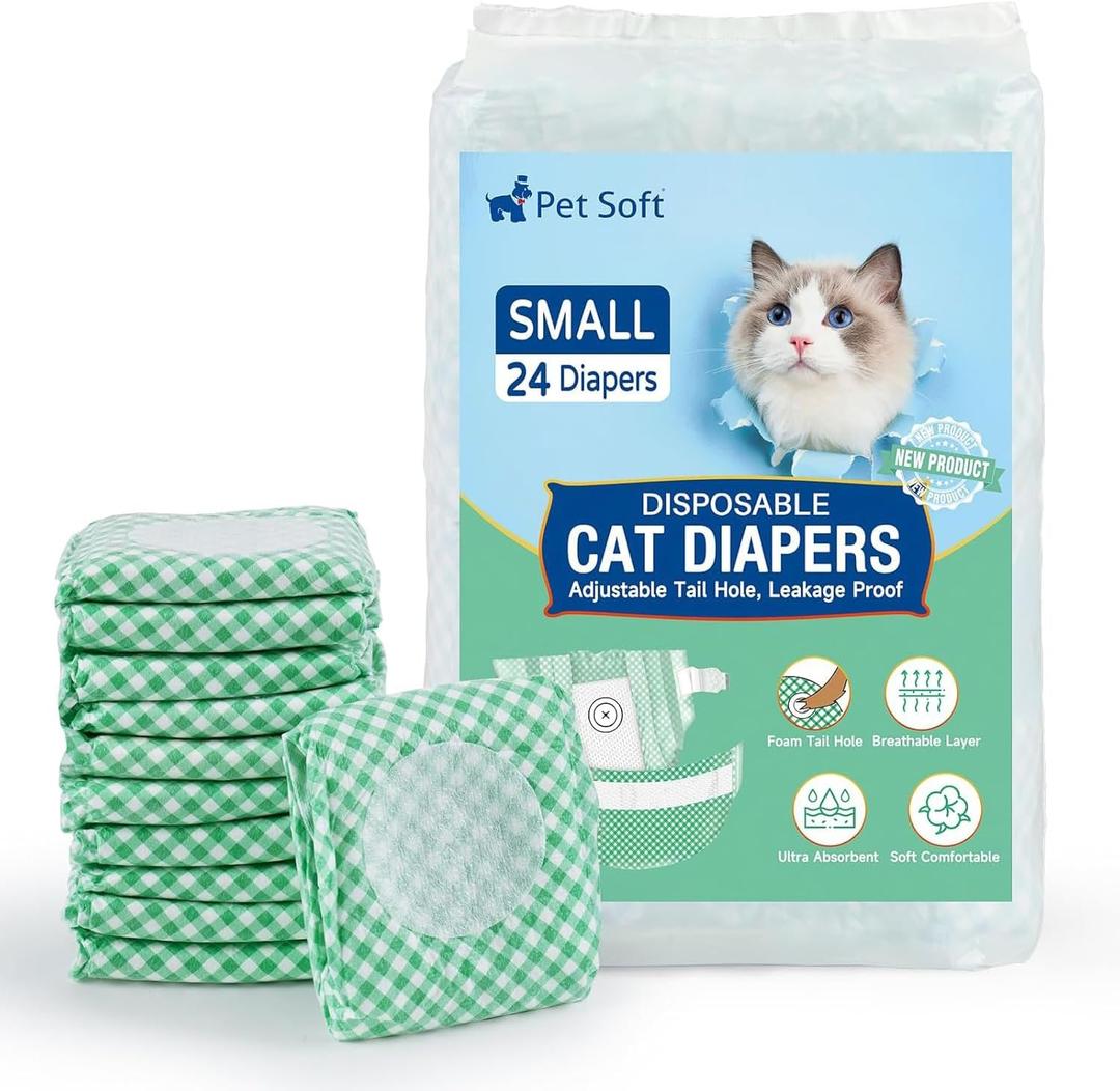 Pet Soft Disposable Cat Diapers for Female & Male Cats, Puppy Doggie Diapers for Female Dogs with Adjustable Foam Tail Hole, Small (24Pcs, Green)