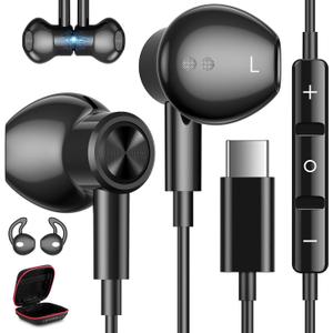 USB C Headphones for Samsung S26 S24+ S25 Ultra 23, Type C Earphones with Microphone Magnetic Volume Control HiFi Stereo Wired Earbuds for iPhone 17 Pro Max Air 16/Galaxy A53 S22 S21 FE Fold/Pixel 10