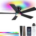 Black RGB Ceiling Fans with Lights - 46" Flush Mount Ceiling Fan with Remote APP, RGB+3CCT Dimmable Led Light, Reversible 6 Wind Speeds&2H Timer, Low Profile Modern Fan Light Fixture for Bedroom Party