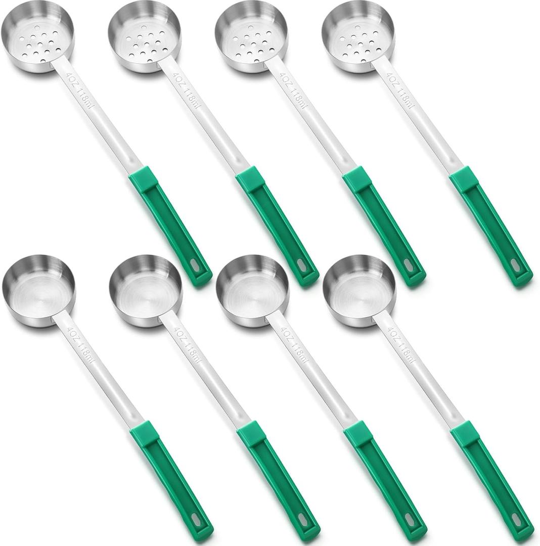 Teenyyou 8 Pcs Portion Control Serving Spoons Portion Scoops Cups Solid and Slotted Stainless Steel Ladle Spoon for Food, Serving Utensils Set for Parties (Green, 4oz)