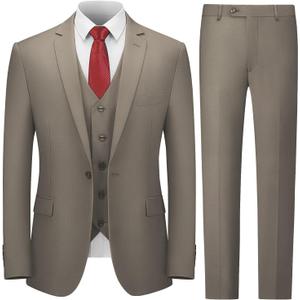Cooper & Nelson Men's Suit Slim Fit, 3 Piece Suits for Men, One Button Solid Jacket Vest Pants with Tie, Tuxedo Set (Brown, XXL)