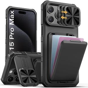SSLOTSCASE for iPhone 15 Pro Max Case with Card Holder & Kickstand & Slide Camera Lens Cover & Camera Stand & Wallet, MilitaryGrade Heavy Duty Phone Case Cover for iPhone 15 Pro Max 5G 2023, Black