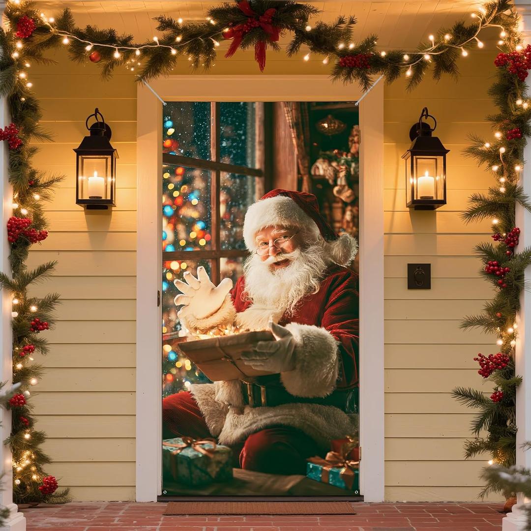 Merry Christmas Door Banner, Winter New Year Large Door Cover, Holiday Backdrop Banner Christmas Party Supplies 70.9 x 35.4 Inches (E)