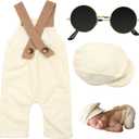 SPOKKI New Born Photoshoot Outfit - Newborn Boy Photography Set With Bib Pants, Hats and Glasses (White)