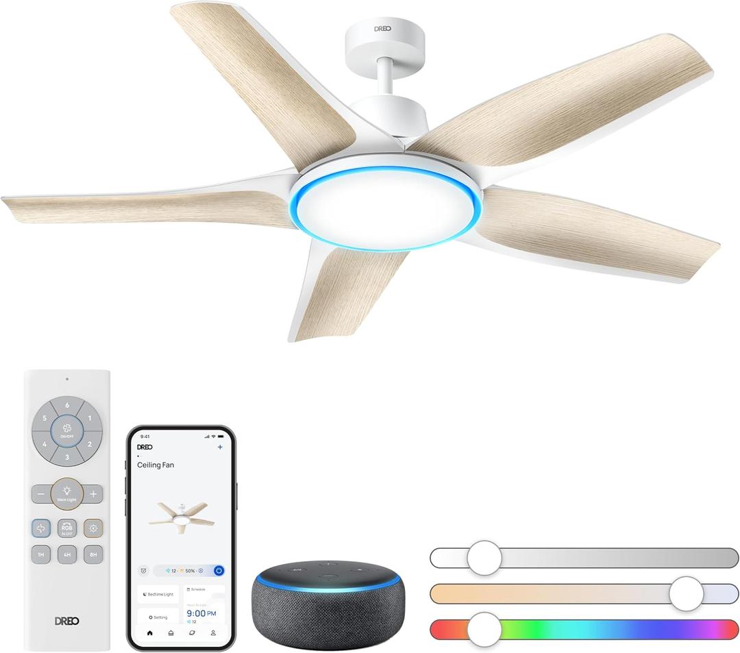 DREO Smart Ceiling Fans with Lights, Low Profile Ceiling Fan with Alexa/App, 52'' Dimmable Lighting & Color Tuning, RGB Ambient Light for Living Room, Game Room, Easy Installation, Quiet, White