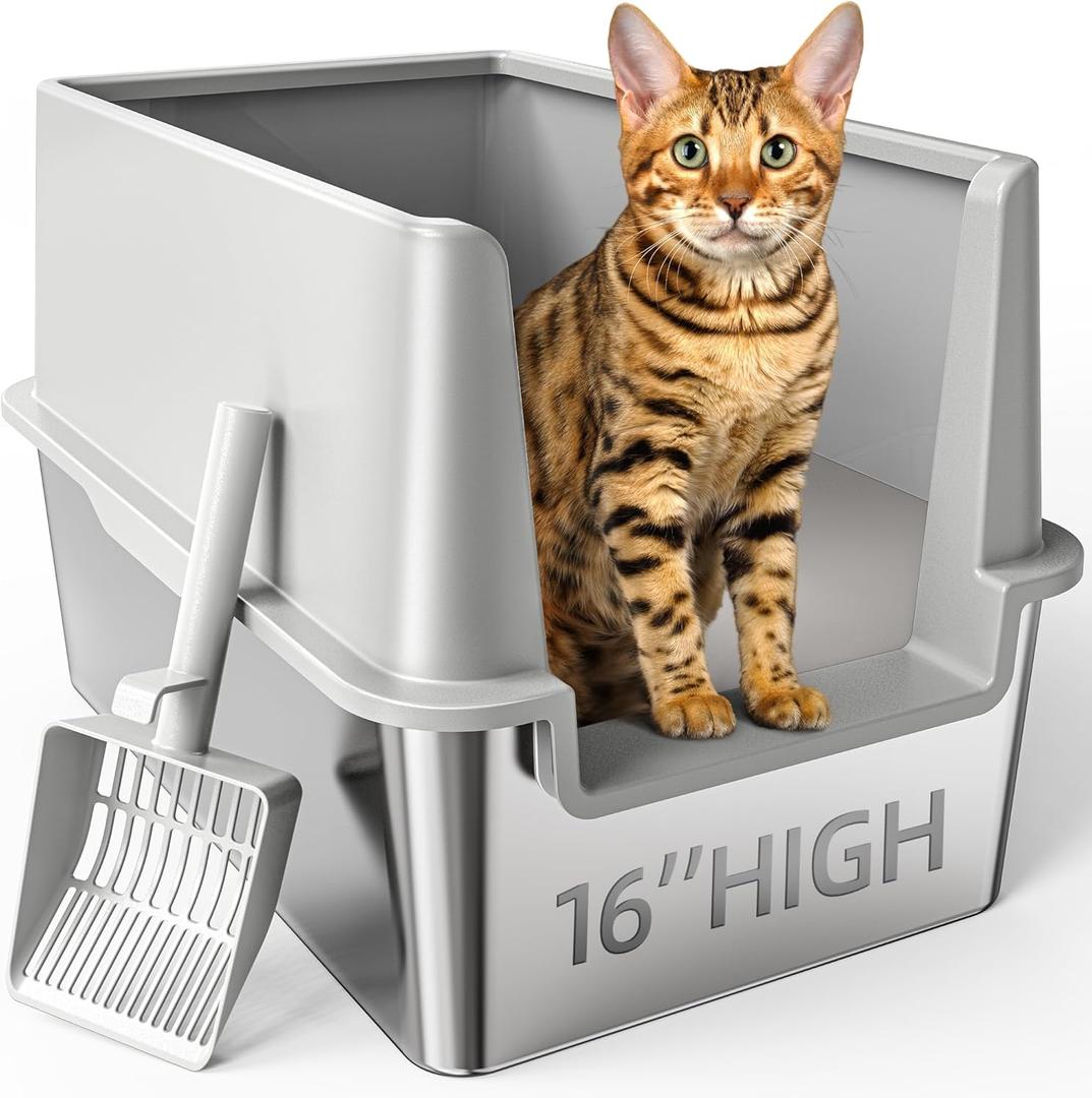 16" High Sides Stainless Steel Litter Box with Lid, XL XXL Extra Large Enclosed Metal Litter Box for Big Cats & Kitty, Never Absorbs Odors, Non-Sticky, Anti-Urine Leakage, Easy Cleaning