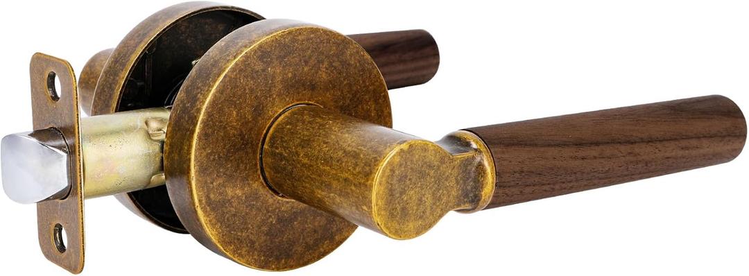 Walnut Wood Passage Door Lever, Keyless Function for Hallway and Closet Room Door Handle Zinc Alloy Base (1 Pack, Aged Brass, Passage)