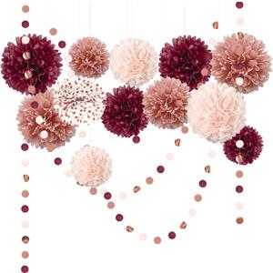 NICROLANDEE Bachelorette Party Decorations - 15Pcs Burgundy Rose Gold Tissue Pom Poms Circle Dots Polka Dot Kit for Valentines, Engagement, Wedding, Bridal Shower, Burgundy Birthday Decorations