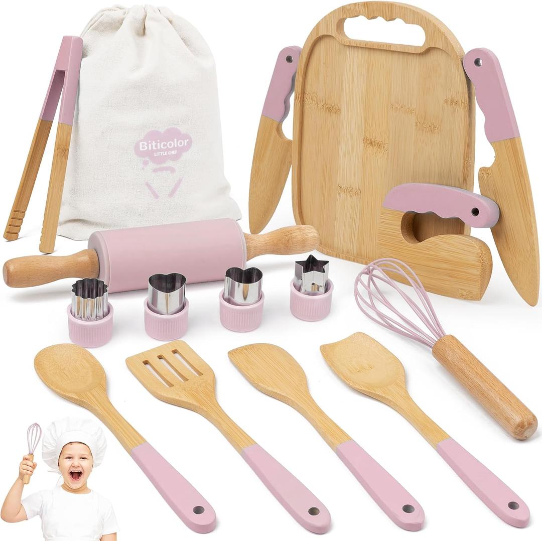 Wooden Kids Cooking Set Montessori Kit - Real Toddler Kitchen Tools & Baking Utensils - 30PCS Cooking Kit for Kids with Storage Bag, Great Gift for Pretend Play & Montessori Learning (Pink)