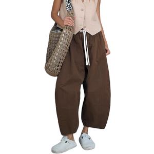 Gihuo Women's Cotton Wide Leg Pants, Elastic Waist Harem Style, Casual Baggy Palazzo Pants with Pockets(Brown-M)