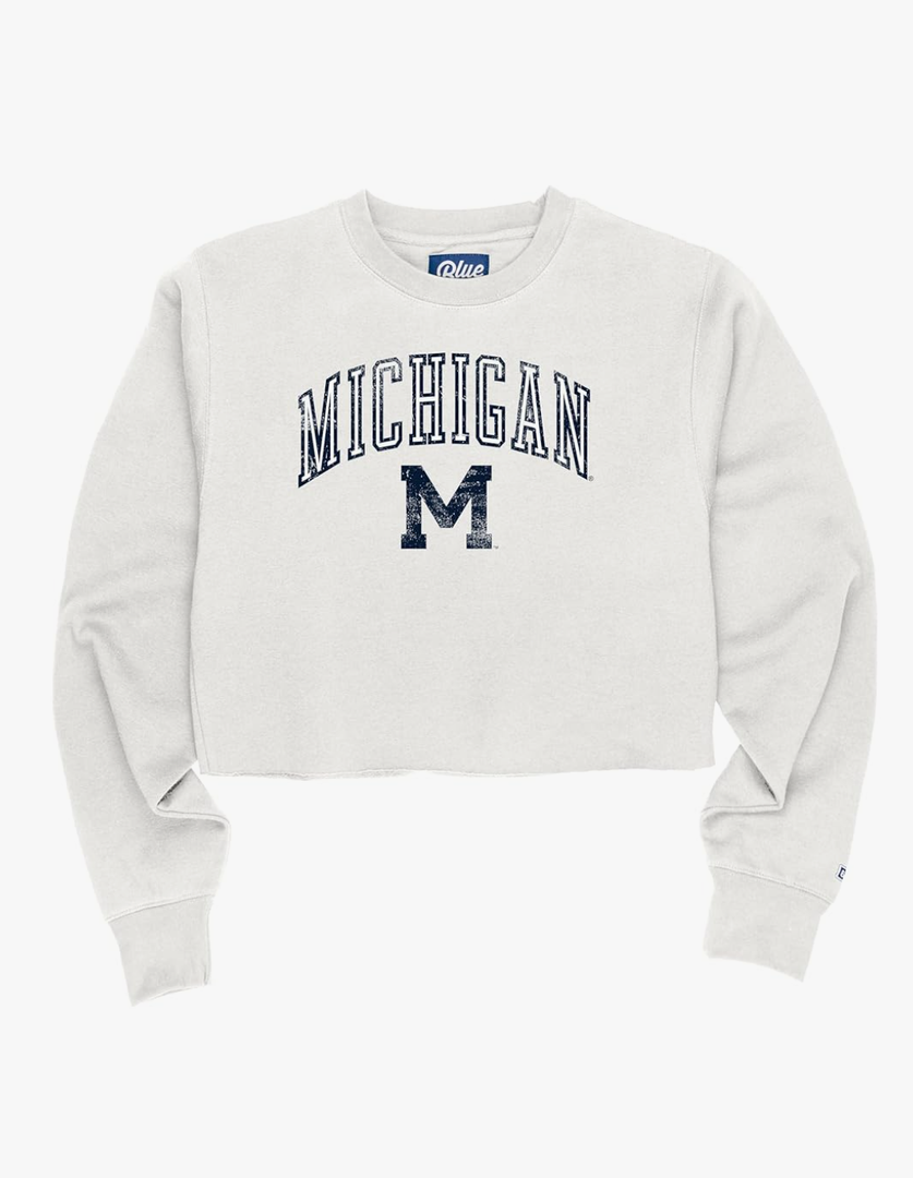 Blue 84 Women's NCAA Officially Licensed Crop Crewneck Sweatshirt Vintage Arch Over White M