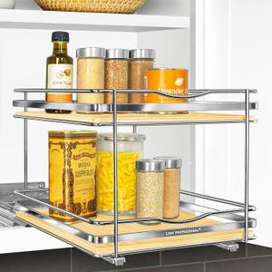 LYNK PROFESSIONAL lite Pull Out Spice Rack Organizer for Inside Kitchen Cabinets - 10-1/4 inch Wide - Slide Out Drawer Wood/Chrome Sliding Spice Cabinet Organization Shelf Racks - 2 Tier, 