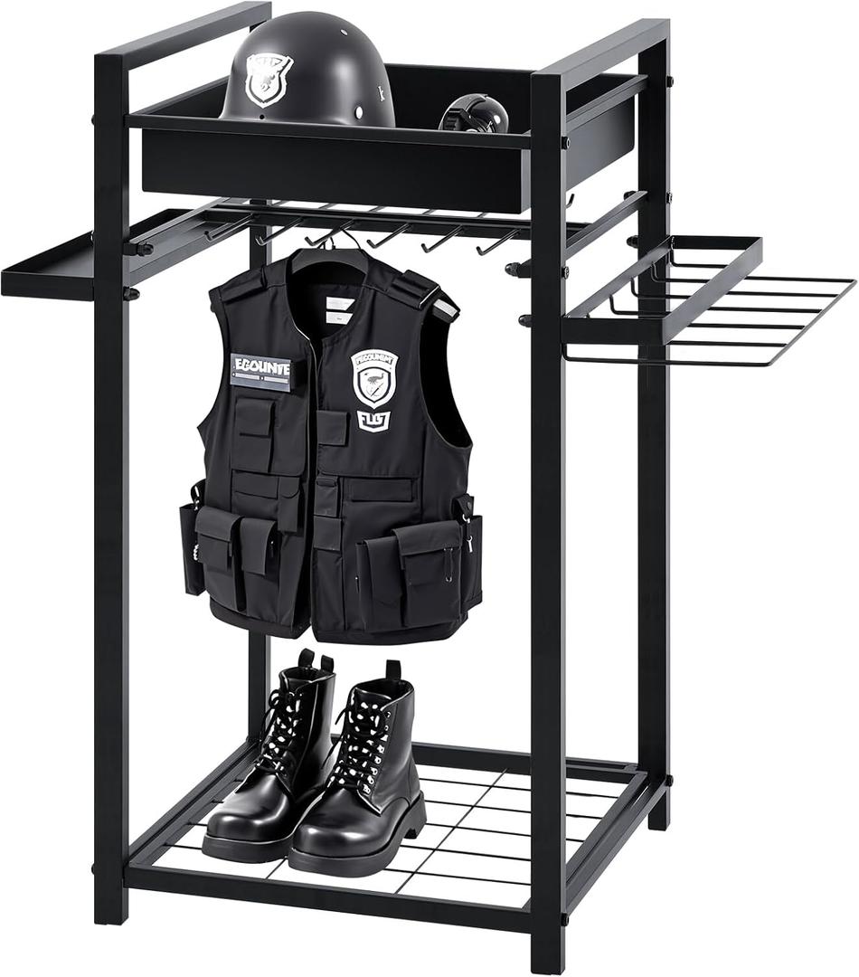 Blulu Police Gear Stand, Tactical Duty Gear Rack with 12 Hooks, Uniform, Duty Belt & Vest Hanger, Black Body Armor Stand for Police Gift