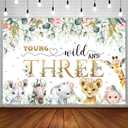 7x5ft Young Wild and Three Birthday Backdrop for Girl Gold Safari Jungle Animals Third Birthday Photography Background Blush Floral Eucalyptus Leaves Party Decoration Banner Photo Booth Studio