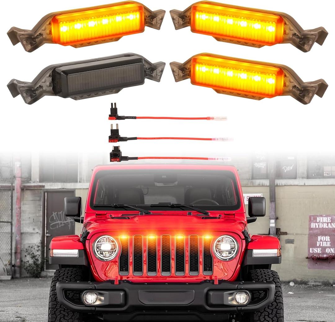 Led Grill Grille Lights fit for 2019 2020 2021 2022 2023 Jeep Wrangler JL JLU Rubicon Sahara Sport Front Grille Grills Light Front Headlights Wrangler JL Jlu 2018-2023 4Pcs Amber Led (Amber JL 4P)