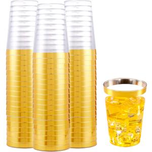 LUODA 150 PACK Gold Plastic Cups,12 Oz Clear Plastic Cups Tumblers, Elegant Gold Rimmed Plastic Cups, Disposable Cups With Gold Rim Perfect For Wedding and Party