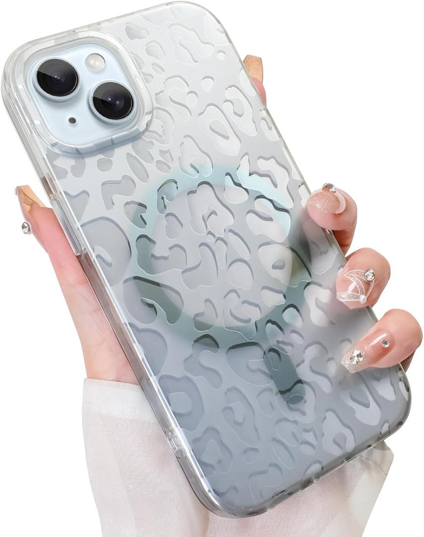 Cute Case for iPhone 15 Case for Women Girls [ Compatible with Magsafe ] Translucent Silver Cheetah Print Pattern Design, Aesthetic Glitter Sparkly Bling Leopard Magnetic Phone Cover