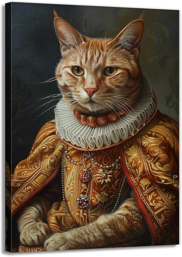 Cat Canvas Wall Art Medieval Renaissance Cats Picture Wall Decor Cute Animal Wall Decor Vintage Painting Framed Artwork Home Decor(Artwork-1,16"x24")
