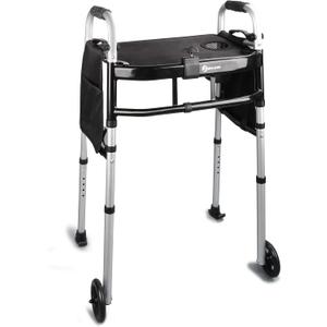 Folding Walker with Tray, 5" Wheels Lightweight Walkers for Seniors and Adults, Supports Up to 350 Pounds, Adjustable Height, Compact Standard Walker, Black