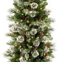 National Tree Company Pre-lit Artificial Christmas Tree | Includes Pre-strung White Lights and Stand | Flocked with Cones, Red Berries and Snowflakes | Wintry Pine Slim - 7.5 ft