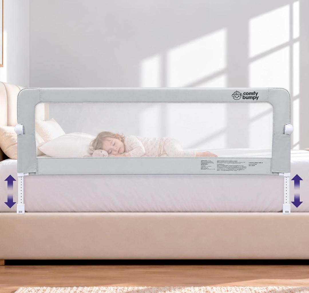 ComfyBumpy Premium Adjustable Bed Rail for Toddlers, Swing-Down Safety Guard, Height Adjusts 24.4"–32.3"H, Extra-Long 55.5", Sturdy Steel & Breathable Mesh, For Twin, Full, Queen & King, Gray, 1-Pack