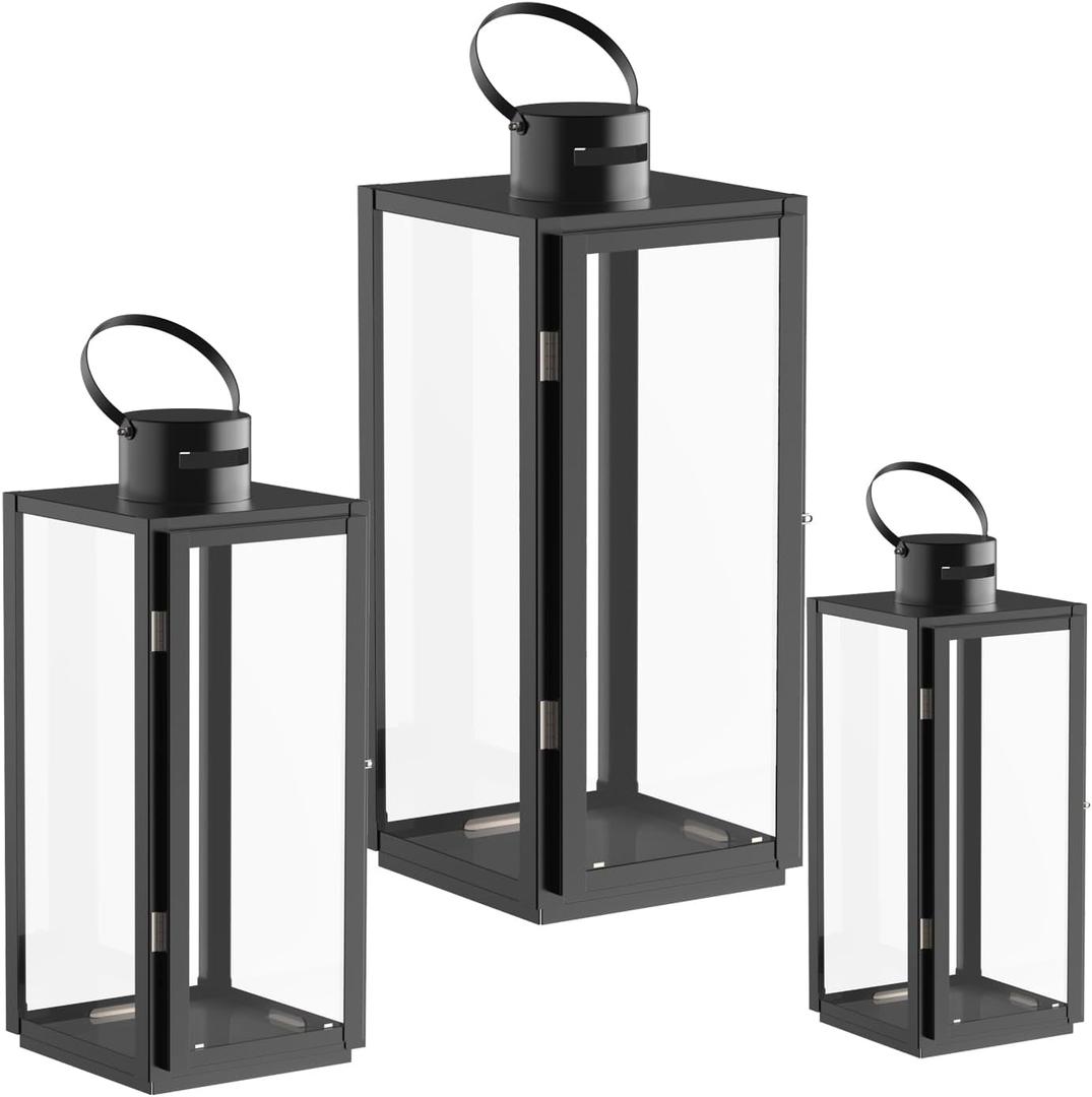 Matico Stainless Decorative Candle Lantern Set of 3, Hanging Decor Hurricane Lantern Candle Holder for Festival Ceremony Home Decor, Both Indoor & Outdoor Use, Black