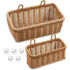 Set of 2 Wall Hanging Baskets, Boho Style Hand-Woven Hanging Storage Basket, Plastic Woven Baskets with Hangers for Kitchen Home Decor Bathroom Living Room (Light Brown, Imitation Rattan Plastic)