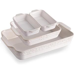Sweejar Casserole Dishes for Oven, Ceramic Bakeware Set of 4, Rectangular Baking Dish with Handles, Lasagna Pans for Cooking, Gratin, Roasting, Banquet and Daily Use (Kiln-Change White)