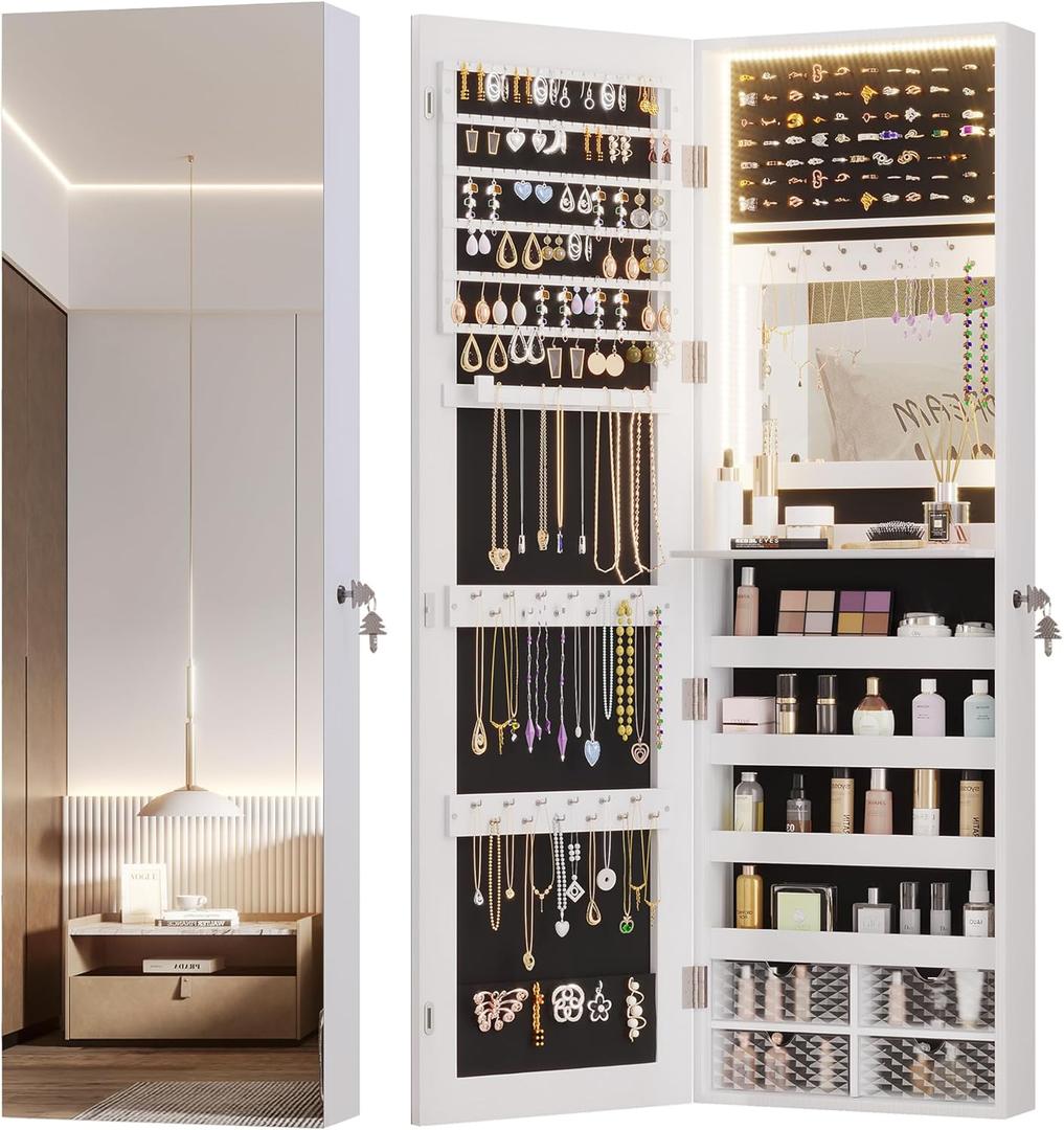 Vlsrka 47.2" LED Jewelry Mirror Cabinet, Wall/Door Mounted Jewelry Armoire Organizer with Full Length Mirror, Large Storage Hanging Cabinet, 4 Drawers, 5 Shelves, Built-in Lighted Mirror (White) Vlsrka 47.2" LED Jewelry Mirror Cabinet, Wall/Door Mounted Jewelry Armoire Organizer with Full Length Mirror, Large Storage Hanging Cabinet, 4 Drawers, 5 Shelves, Built-in Lighted Mirror (White)