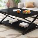 HSH Black Modern Minimalist Metal Wood Living Room Table with Storage Shelf, 39 Inch 2 Tier Rectangle Center Coffee Table
