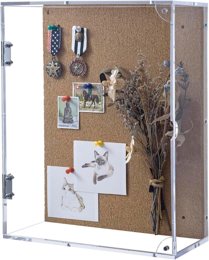 MyGift 11 x 14 Premium Acrylic Clear Wall Mounted Shadow Box Cabinet with Cork Backing and Hinged Magnetic Closure Door