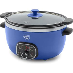 GreenLife 6QT Slow Cooker, Non-Toxic PFAS-Free Ceramic Nonstick Removable Interior Bowl, Programmable, Family Friendly, Keep Warm, Stovetop & Oven Safe, Dishwasher Safe Crock, Timer, Glass Lid, Blue, 6 Quarts