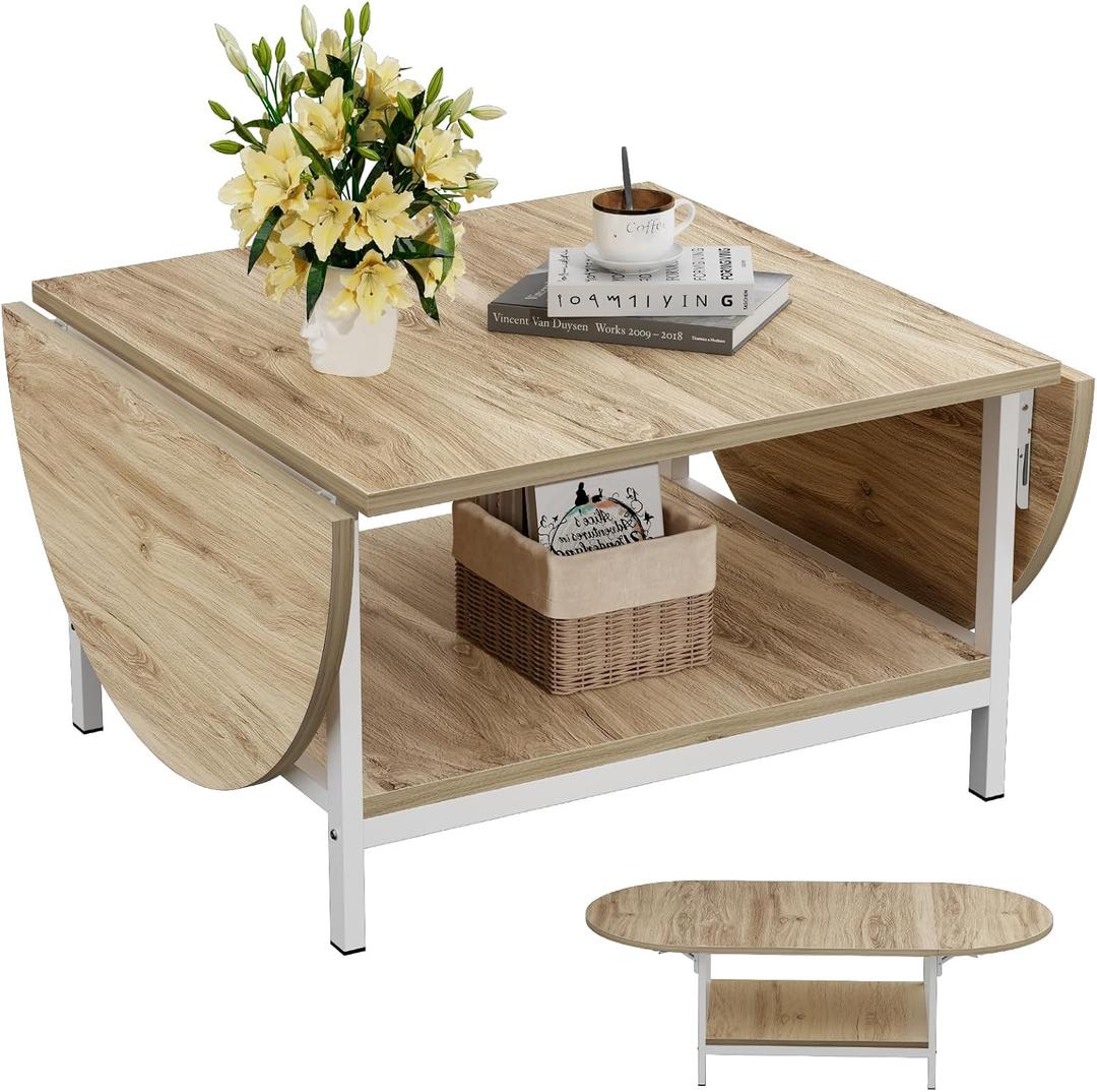 SAYGOER Modern Coffee Table 2-Tier Extended Coffee Tables for Living Room 2-Tier Small Extended Table with Storage White Center Table for Large or Small Spaces, Foldable, Oak, 47.2"D x 23.6"W x 17.7"H
