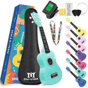 MUSTAR Soprano Ukulele for Beginners - 21 Inch Basswood Ukulele for Kids & Adults Birthday Holiday Present, Gig Bag, Digital Tuner, Strap, Picks, All in One Kit, Ukuleles Starter Kit (21inch, green)