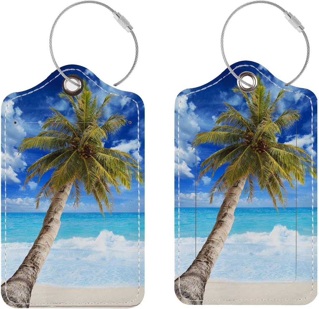 Luggage Tags for Suitcases, 2 Pack Cute PU Leather Suitcase Tag Identifiers TSA Approved with Stainless Steel Loop and Address Card for Baggage Tag for Cruise Airport Travel Essentials by Chelmon (01 Beach)