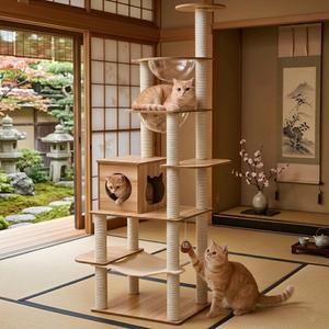 76-Inch Multi-Pure Wood-Level Cat Tree Tower with Condo, 16 Soft Plush Scratching Post,2 Space Capsule, with Cat Hammock,5-Story Perching Platform,Cat Tree for Large Cats.1115