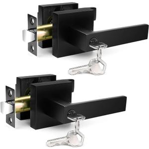 Door Handles Interior, Black Door Handle, Door Knob with Key (Same Keys), 2 Pack Heavy Duty Door Lock Sets, Reversible Lever Handles, for Bed/Bath, Matte Black