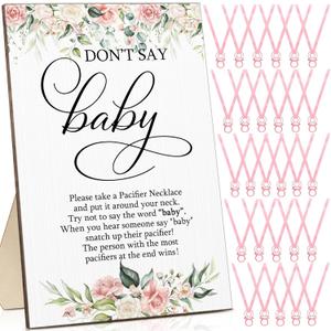Geetery 51 Pcs Don't Say Baby Game Sign Cool Baby Shower Game 50 Pacifier Necklace Wooden Don't Say Sign Plastic Pacifier Party Favor for Gender Reveal(Floral, Pink)