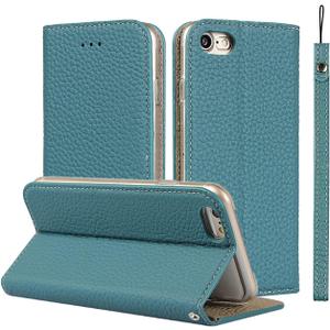 iCoverCase Genuine Leather Wallet Case for iPhone SE(2022)/SE(2020)/7/8 with Wrist Strap, Card Holder, Magnetic Closure, Kickstand (Light Blue)