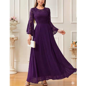 MISSMAY Women's Formal Lace Chiffon Bell Sleeve Wedding Party Long Dress. Purple, Size S