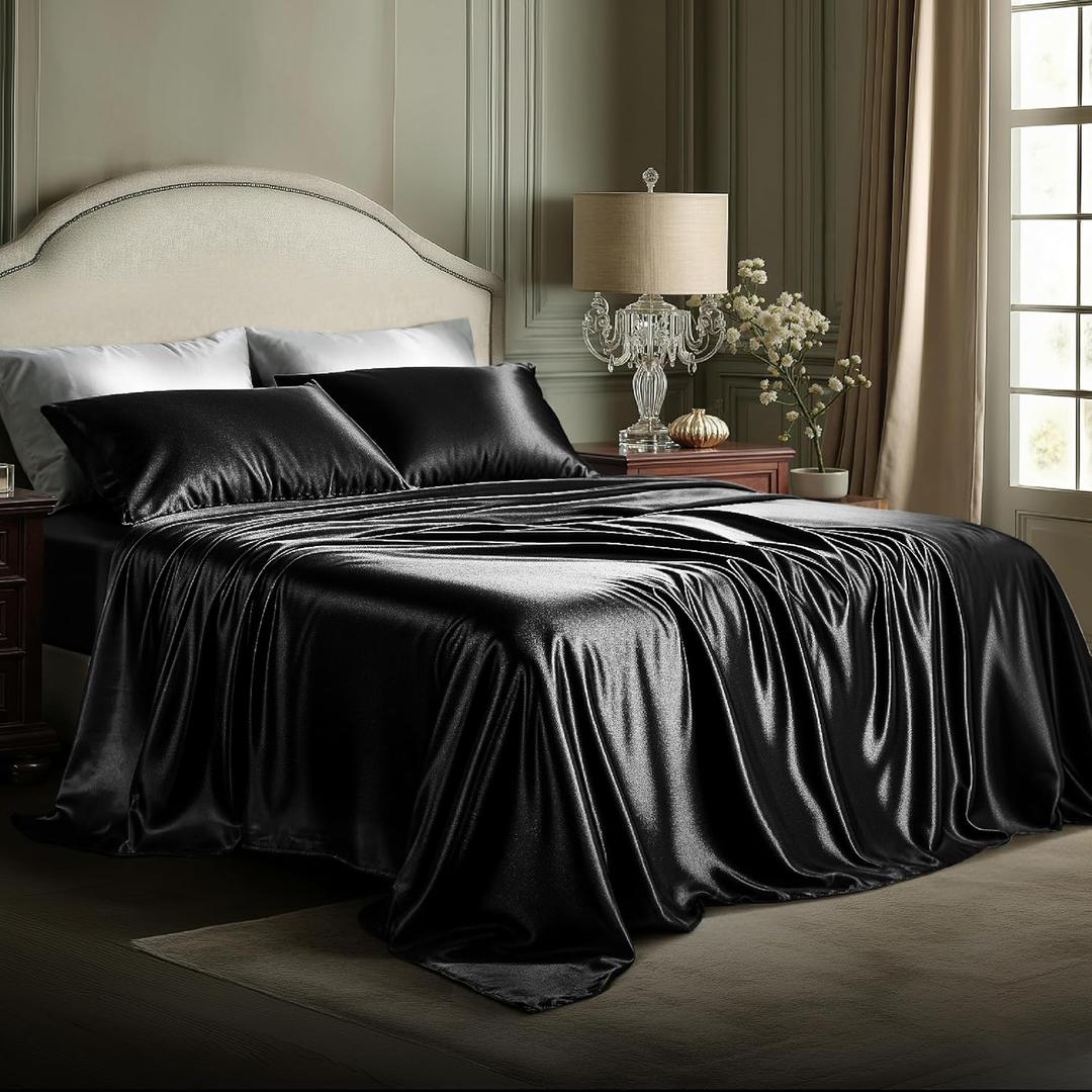 Bedsure Black Satin Sheets King Size - 4 Piece Silky Bedsheets with 15 Inches Deep Pocket Fitted Bedsheet,1 Flat Sheet, 2 Satin Pillowcases, Good for Hair & Skin (King, Black)