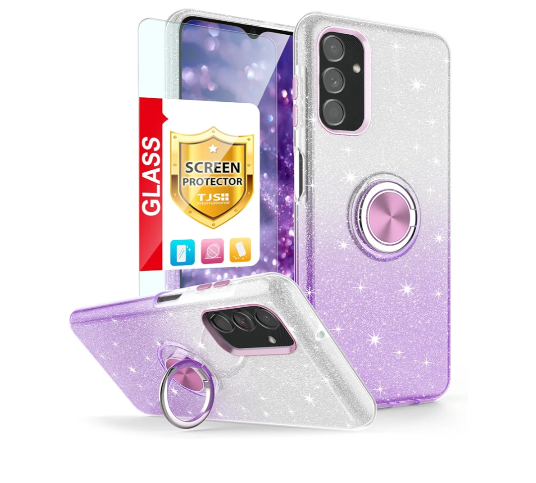 Compatible with Samsung Galaxy A15 5G Case, with Tempered Glass Screen Protector, Metal Ring Magnetic Support Kickstand Tone Shinny Glitter Phone Case (Purple)