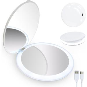 Smart Compact Makeup Mirror, 15 Auto On/Off Lights, 1X/5X Dual Sided Magnifying Portable Travel Makeup Mirror, Mirror for Handbag and Pocket, Rechargeable Mirror for Girls (with USB Cable) (White Round-three-color Lamp)