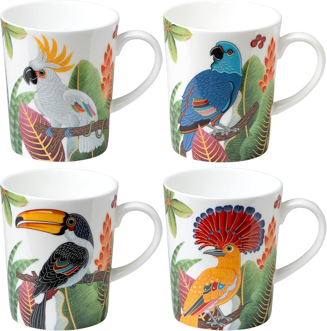 Bone China Coffee Tea Mugs 12-Ounce, Assorted Set of 4 (Birds of Paradise)