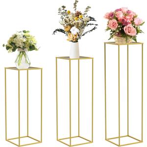 chamvis Gold Metal Plant Stand, 3 Pcs Tall Cylinder Pedestal Stands for Parties and Weddings, Gold Square Cylinder Tables for Living Room and Patio Decor